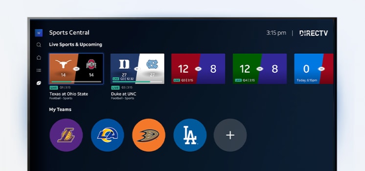 DIRECTV Sports Central screen showing game matchups, team icons, and scores.
