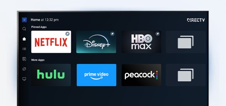 DIRECTV interface showing Netflix, Disney+, HBO Max, Hulu, Prime Video, and Peacock app icons.